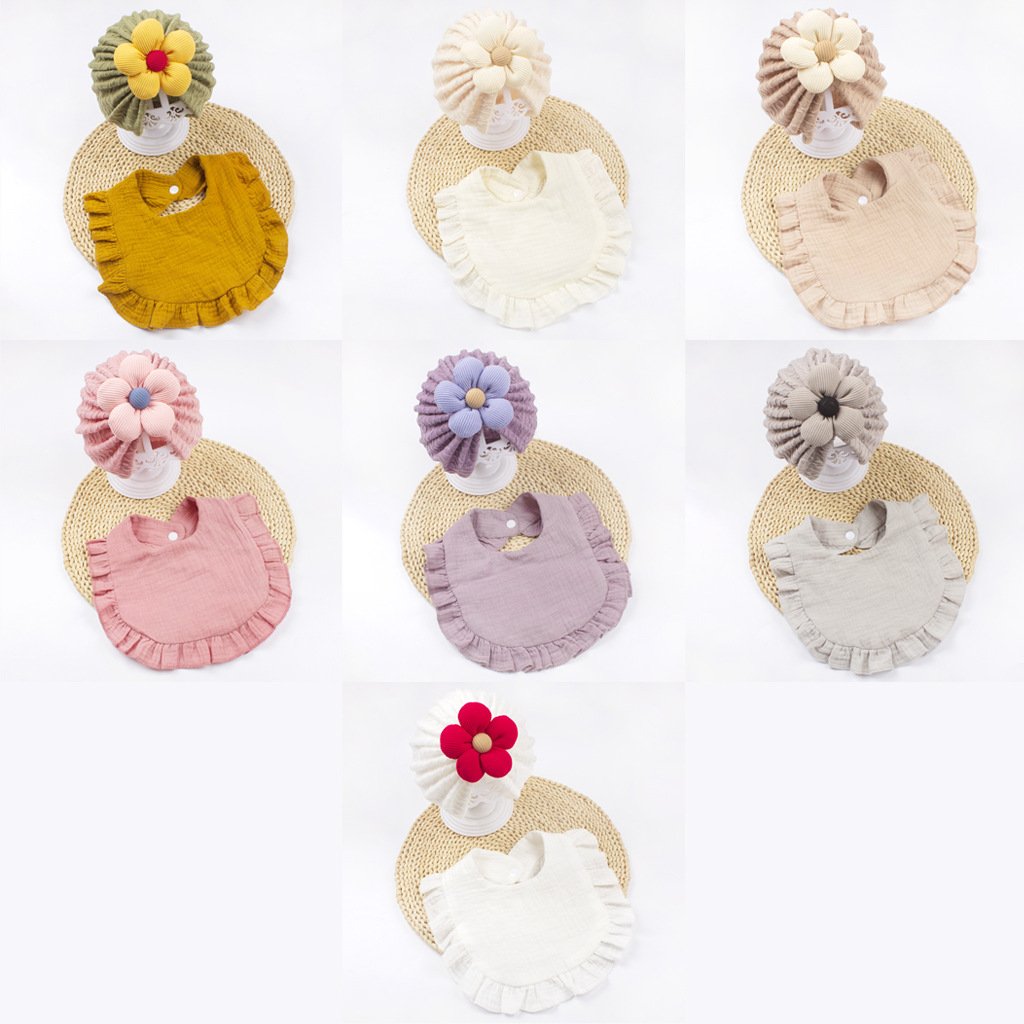 CF078 (1) - Crinkle Texture Baby Turban Hat & Muslin Bib