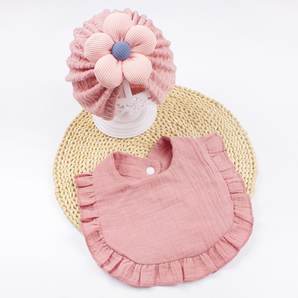 CF078 (6) - Crinkle Texture Baby Turban Hat & Muslin Bib
