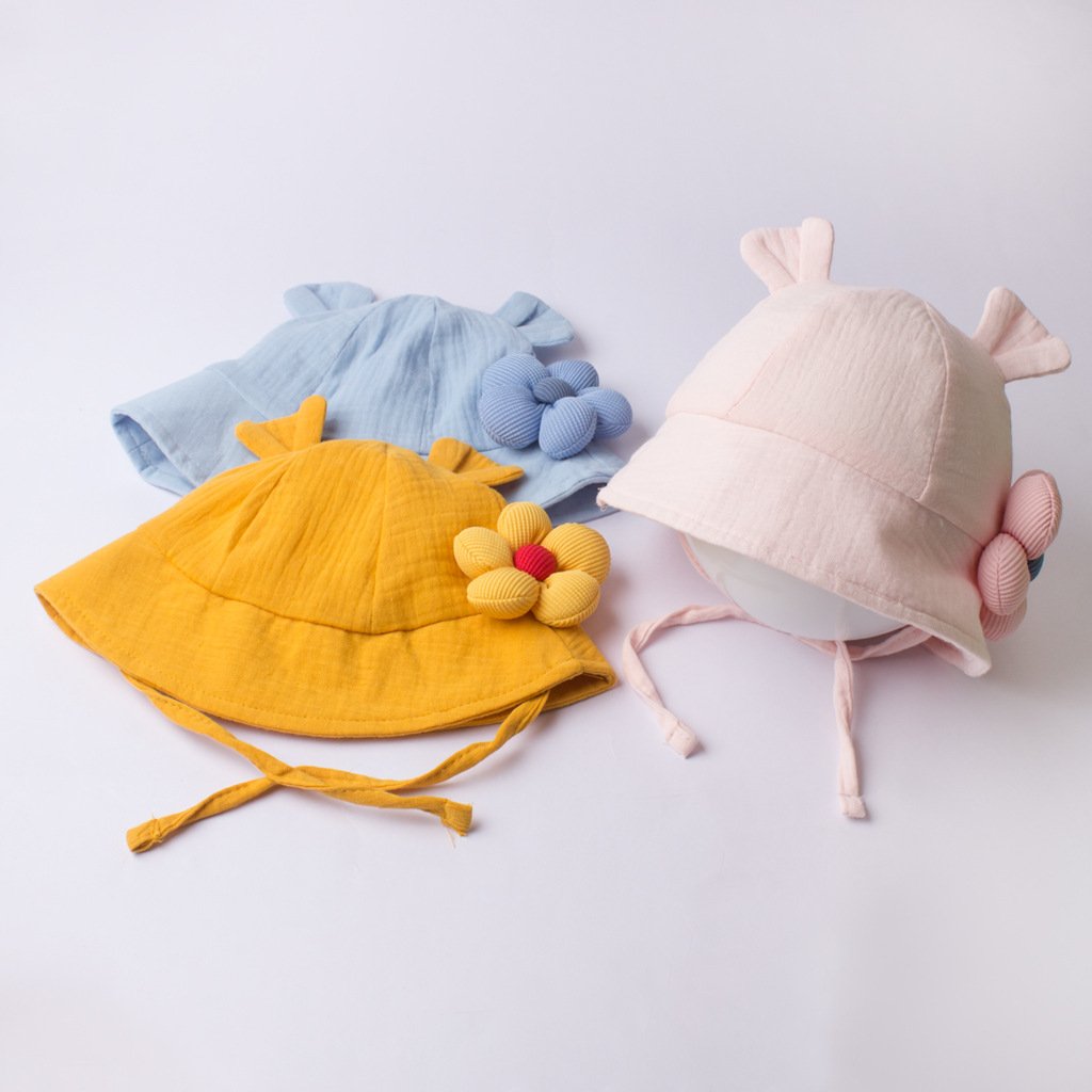 CF080 (12) - Cute Bear Ear Baby Bucket Hat with 3D Flower