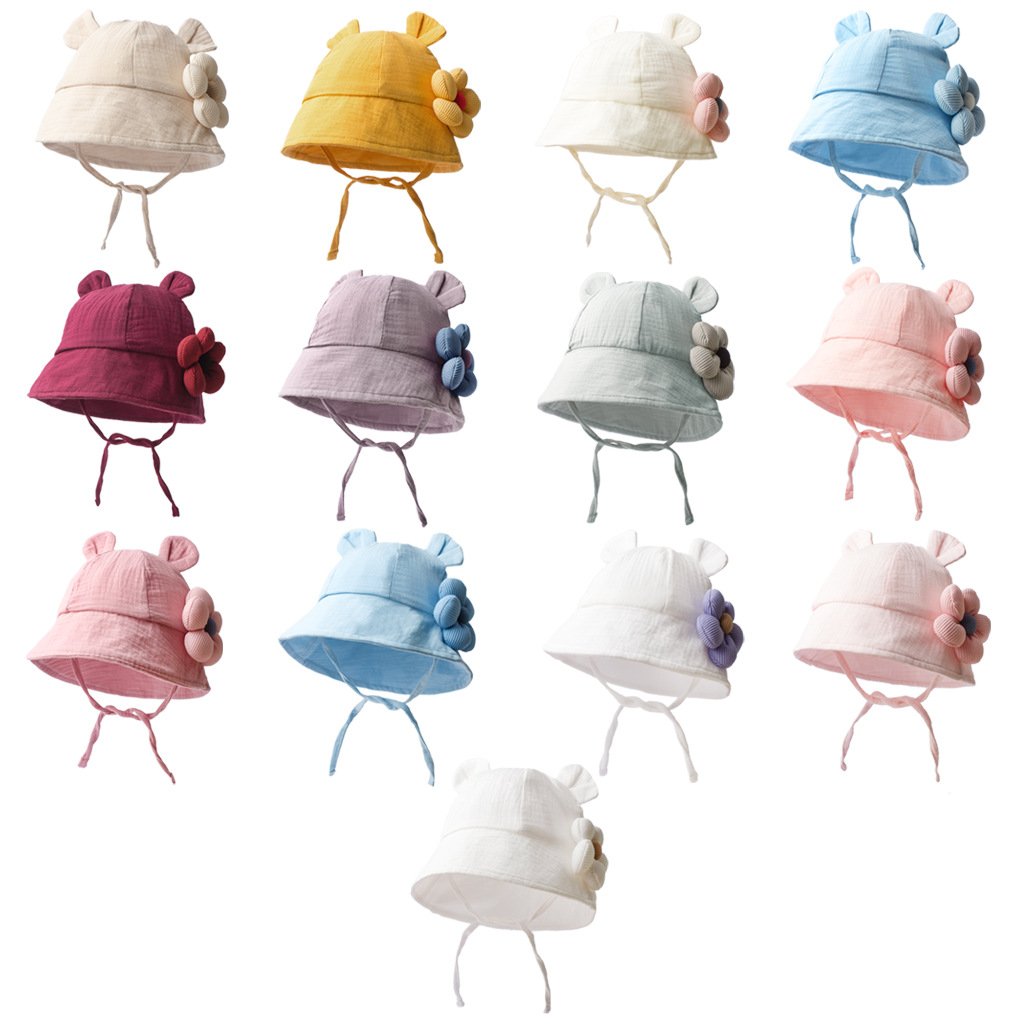 CF080 (3) - Cute Bear Ear Baby Bucket Hat with 3D Flower