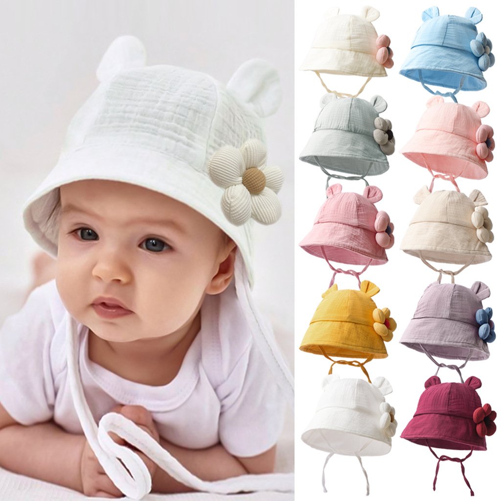 CF080 (7) - Cute Bear Ear Baby Bucket Hat with 3D Flower