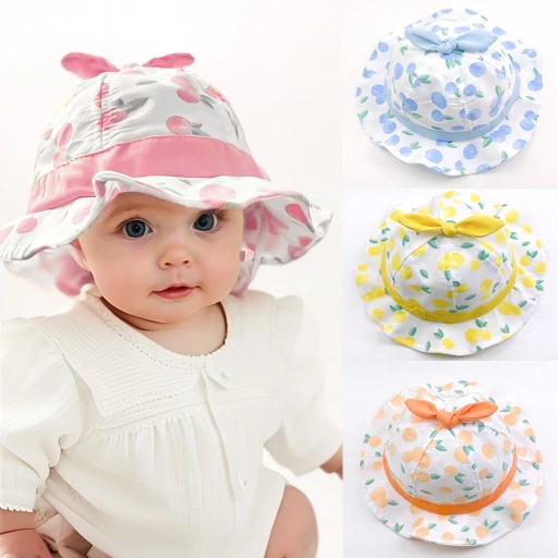 CF083 (7) - Cute Fruit Print Baby Bucket Hat with Bunny Ear Bow