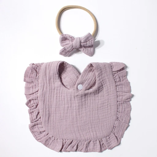 CF085 (10) - Soft Muslin Baby Bib & Bow Headband Set