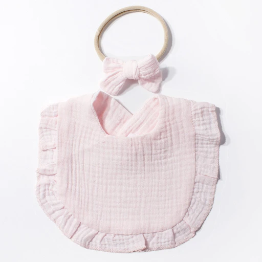CF085 (12) - Soft Muslin Baby Bib & Bow Headband Set