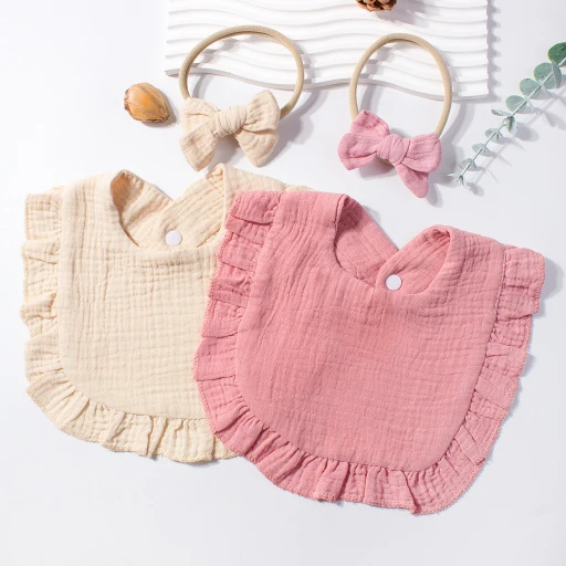 CF085 (6) - Soft Muslin Baby Bib & Bow Headband Set