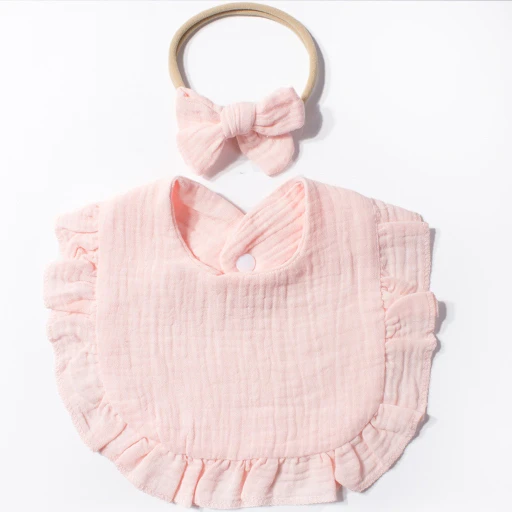 CF085 (9) - Soft Muslin Baby Bib & Bow Headband Set
