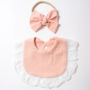 CF087 (8) - Elegant Waffle Knit Baby Bib & Bow Headband Set